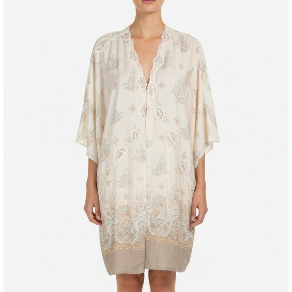 Victoria’s Secret Robe M/L Ivory Lace Trim Floral Embroidered Kimono Wrap Lounge
